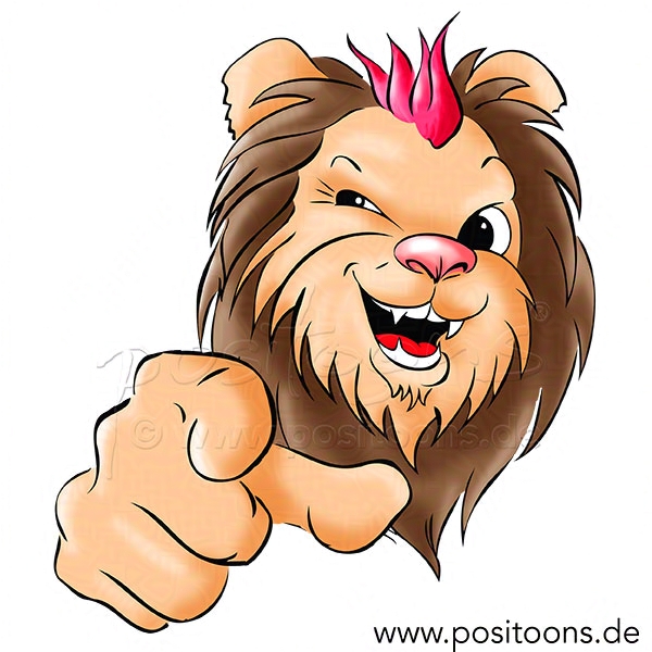 Sympathiefigur von positoons. Comic Cartoon Löwe für Werbung und Marketing